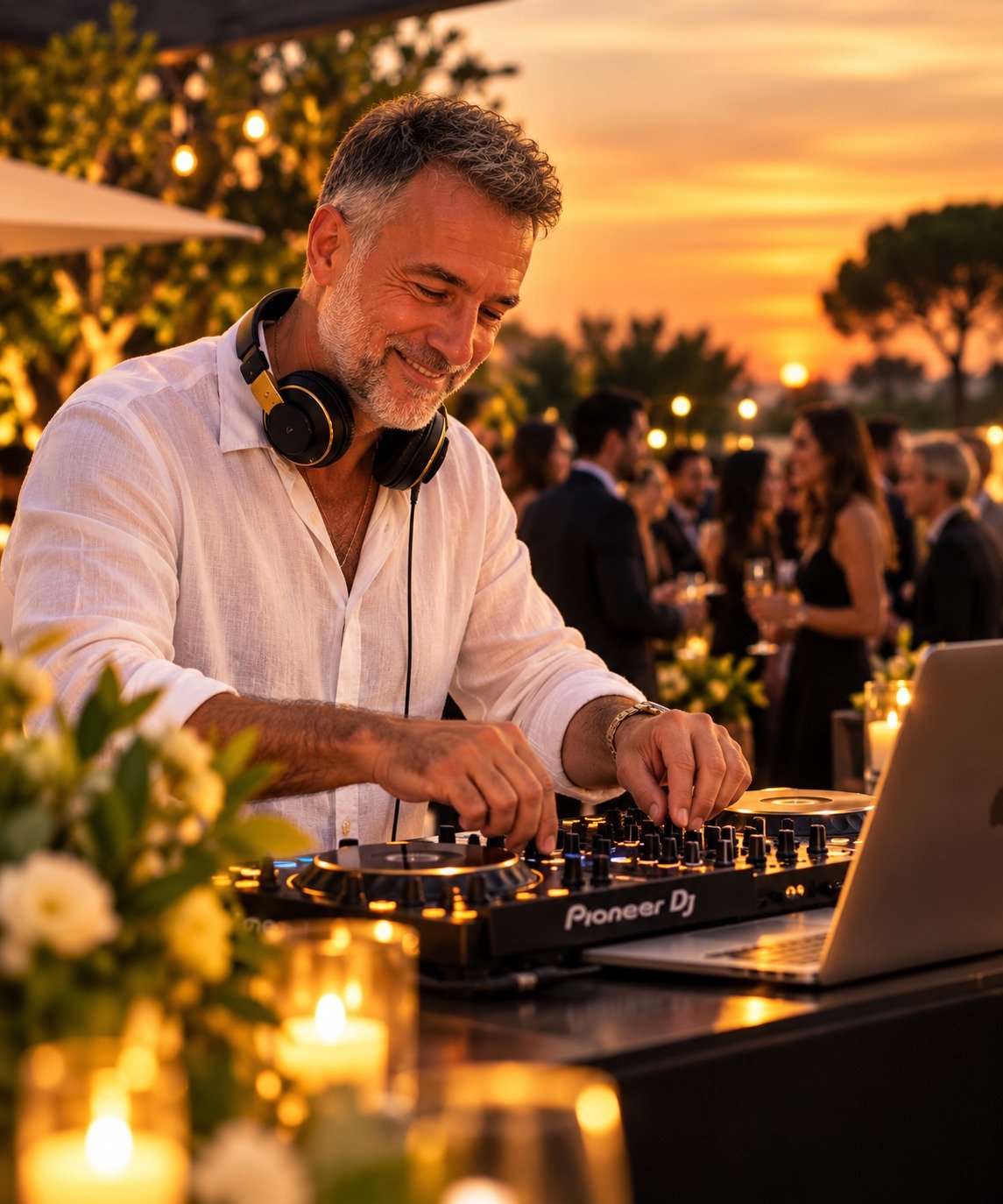Fernando, DJ de DJ Oro, en un evento al atardecer